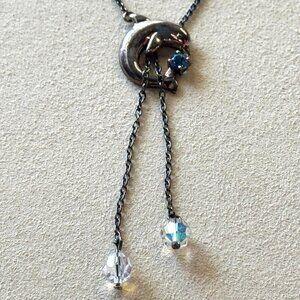 Sterling Silver '925 Italy' Dolphin Splash Pendant Lariat Necklace with Crystals